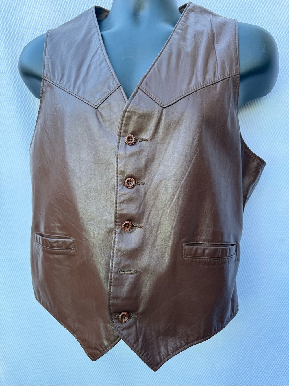 Vtg 70s Sears The Leather Shop Brown Leather Western Vest Mens 42 R